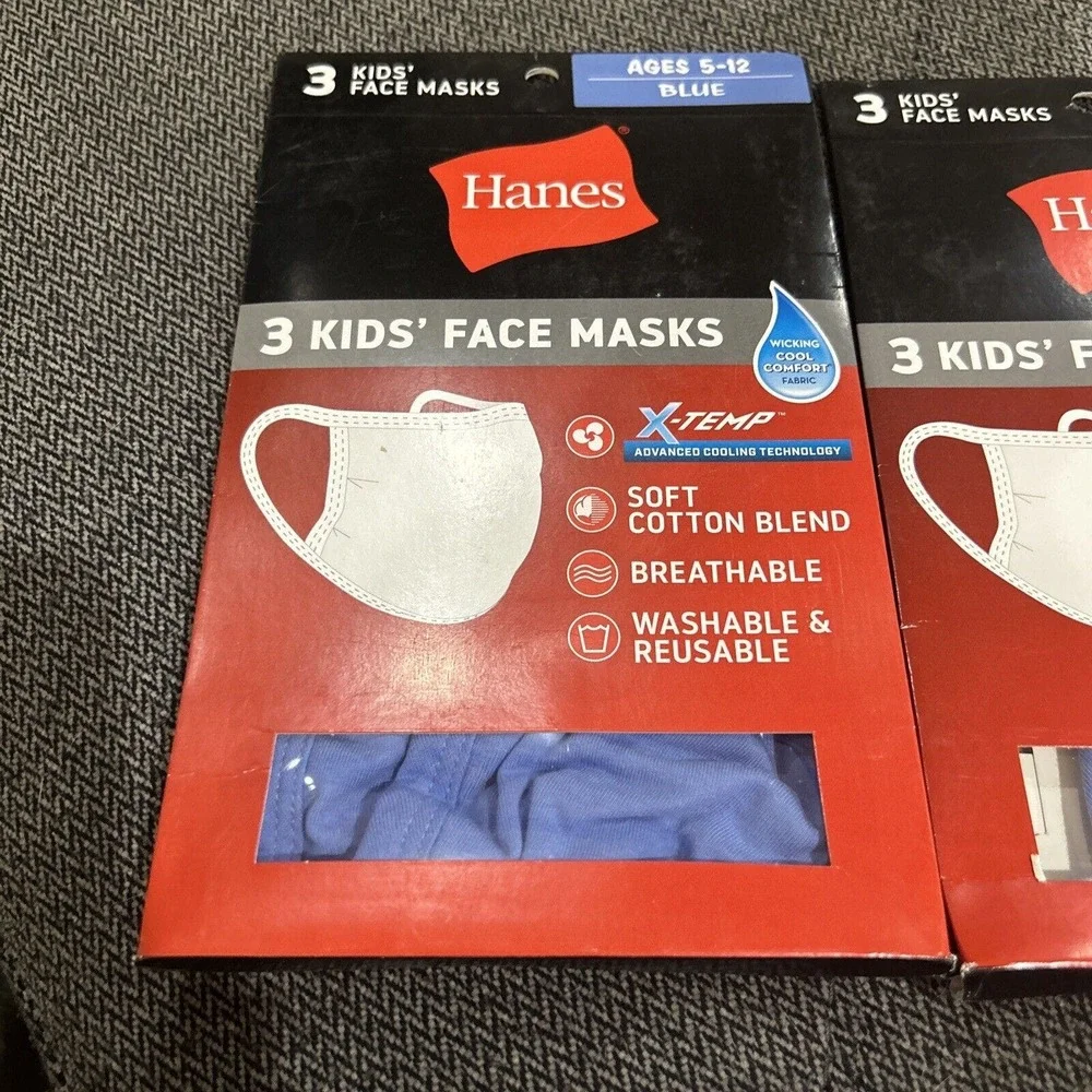 Hanes 100% Cotton Face Masks Pack of 6 Blue New Wicking Cool Comfort Kids 5-12